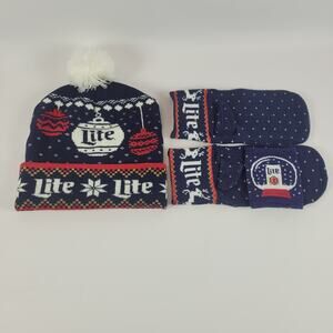 Miller Lite Beanie Beer Can Knit Mittens Holiday Pom Pom Hat Ornament Snowflakes